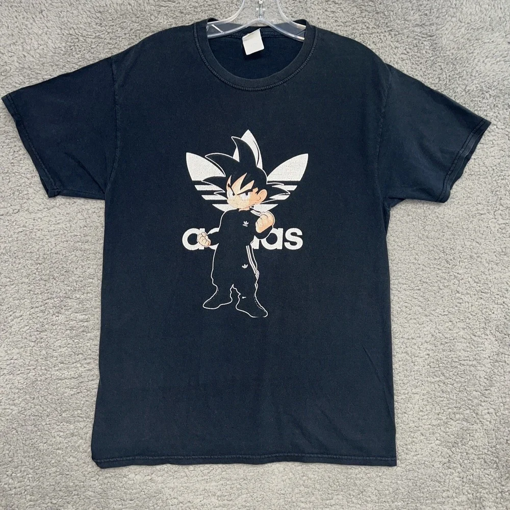 Dragon Ball Z x adidas T Shirt Men Sz M Black Goku Tracksuit Costume Faded‎ Tee